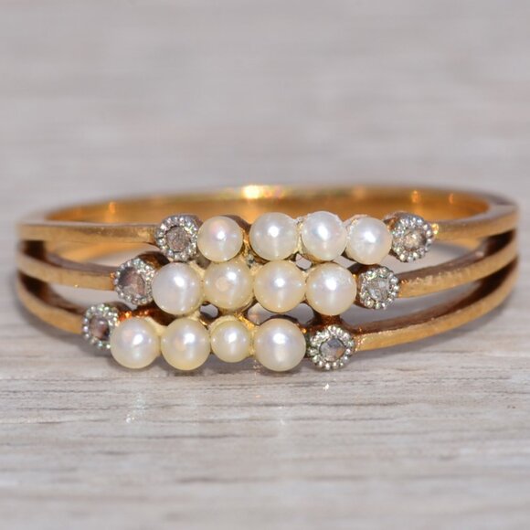 Seed Pearl and Rose Cut Diamond Ring in Yellow Gold